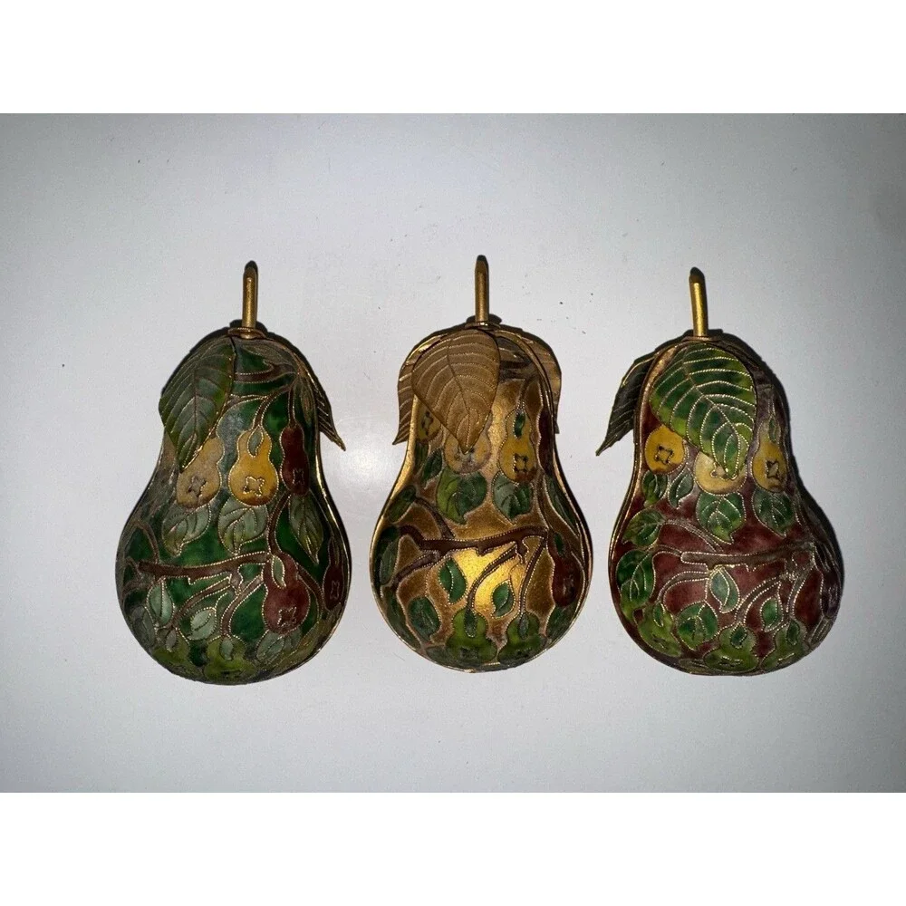 Vintage Cloisonné Pear Trinket Boxes Set of 3 Brass Enamel Lift-Off Lids